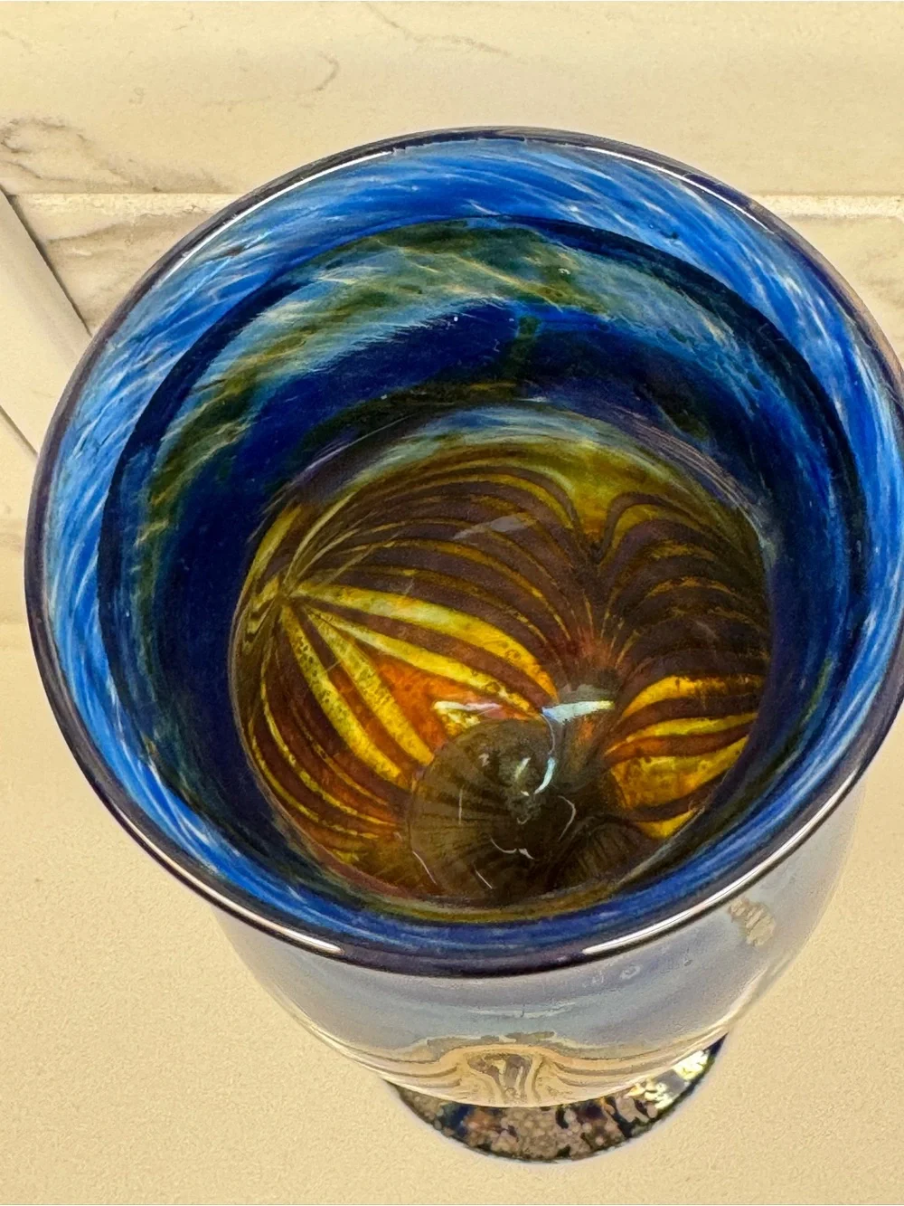 Signed Princ Art Glass Czechoslovakia Chalice Goblet Cobalt Pulled Feather